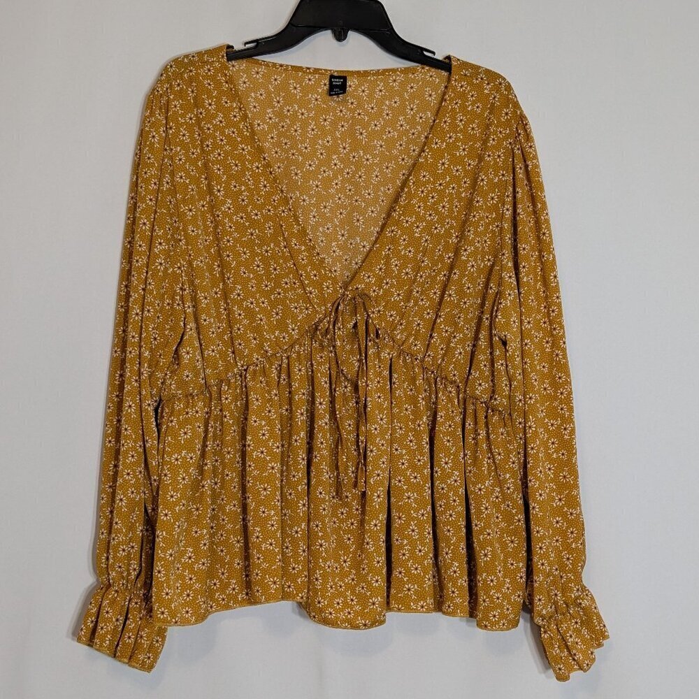 SHEIN Mustard Yellow Floral Boho Peasant V-Neck Pullover Top; Size 3XL